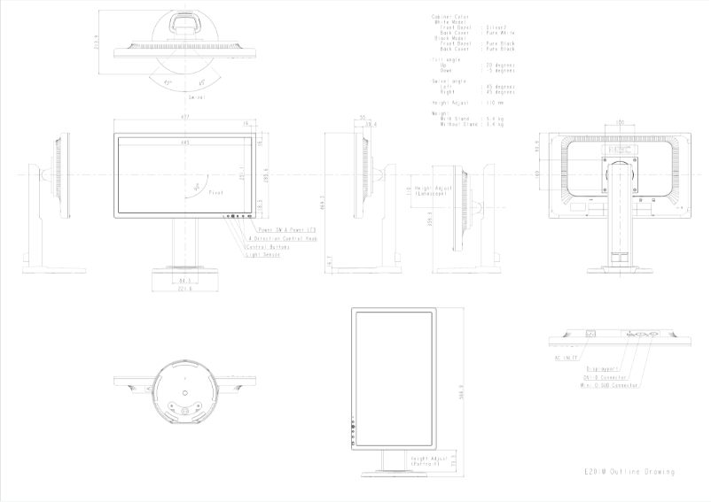 Page 1 de la notice Dessin technique NEC MultiSync E201W