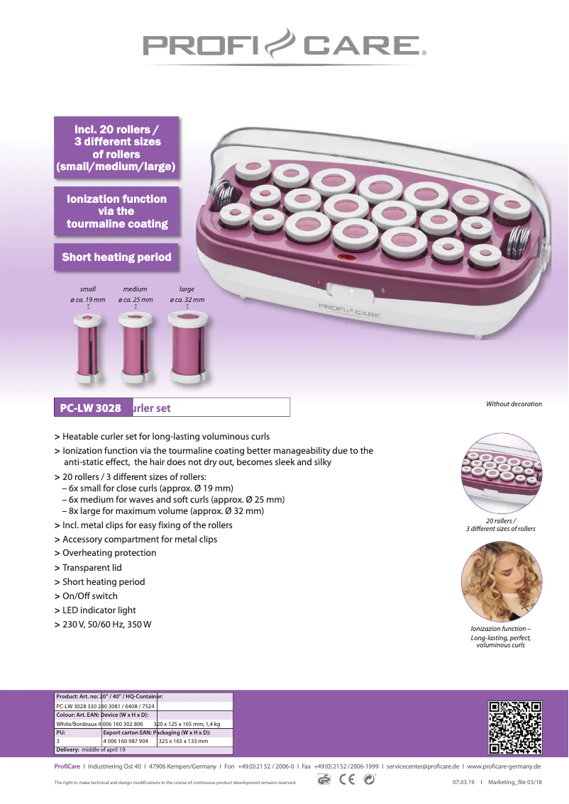 Página 1 del manual Ficha técnica ProfiCare PC-LW 3028