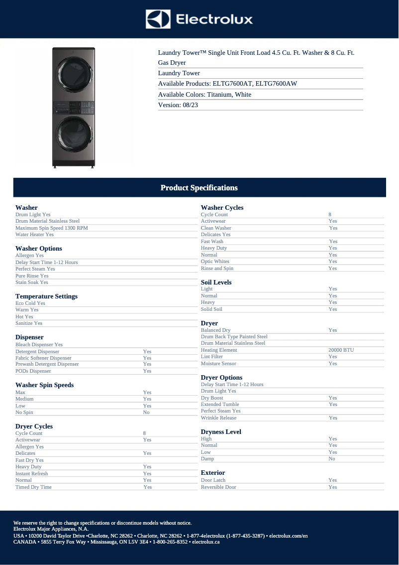Page 1 de la notice Fiche technique Electrolux ELTG7600AW