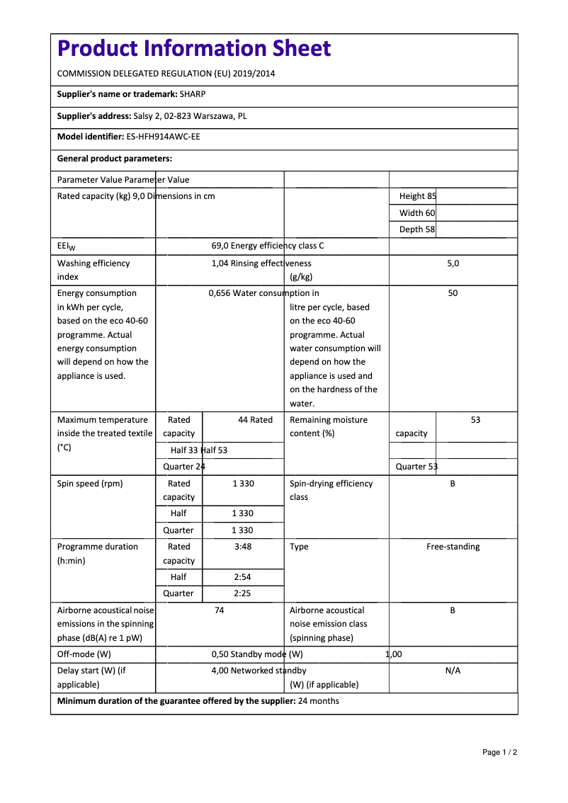 Page n°1 - Manuel utilisateur Sharp ES-HFH914AWC-EE