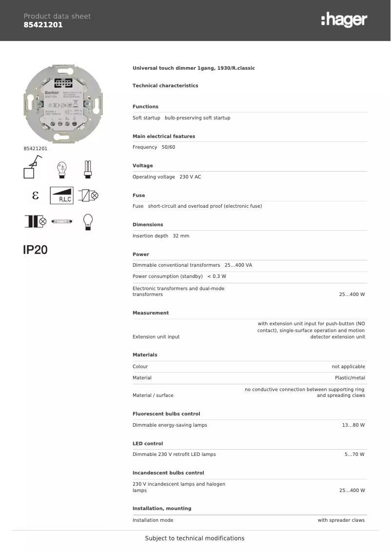 Page 1 de la notice Fiche technique Hager 85421201