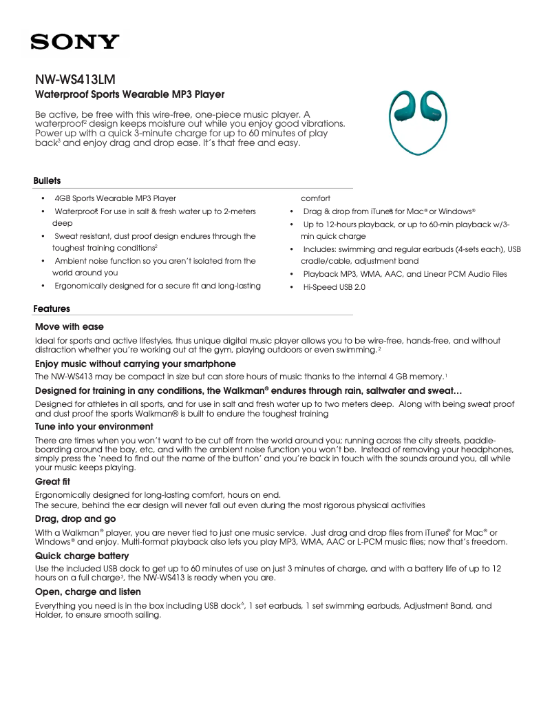 Page 1 de la notice Brochure Sony Walkman NW-WS413