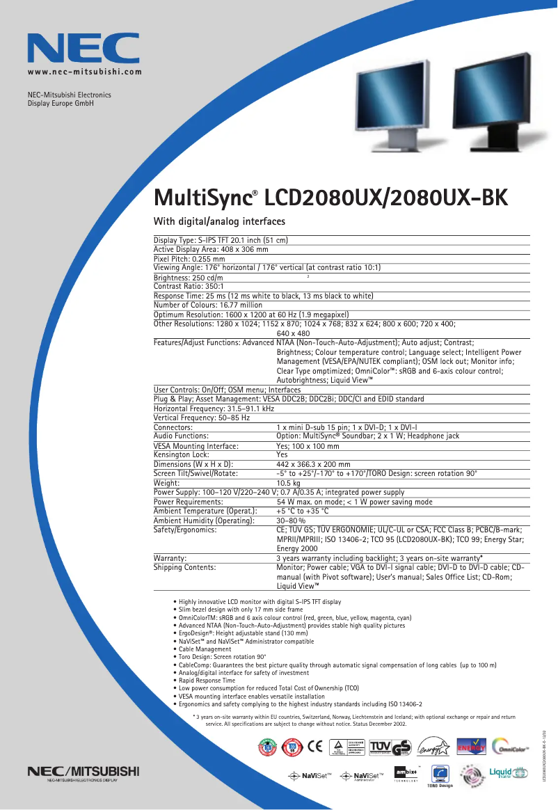 Image de la première page du manuel de l'appareil MultiSync LCD2080UXBK