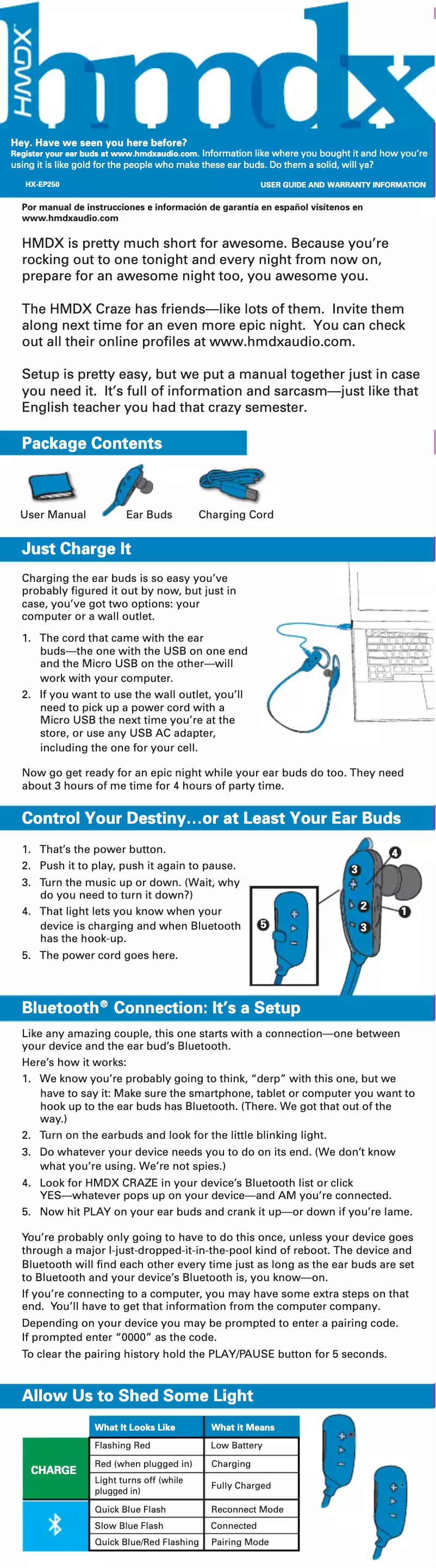 Page 1 de la notice Manuel utilisateur HMDX Craze HX-EP250
