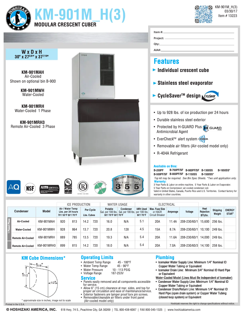 Page 1 de la notice Fiche technique Hoshizaki KM-901MWH