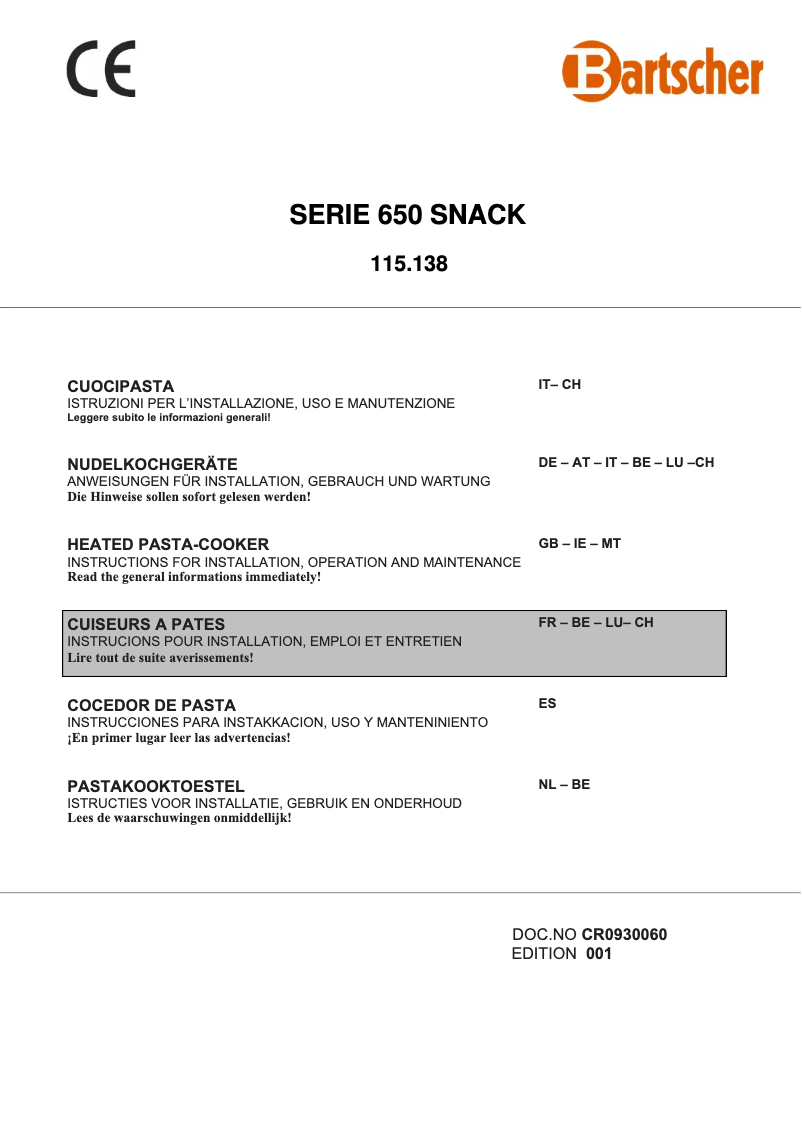 Page 1 de la notice Manuel utilisateur Bartscher 115138