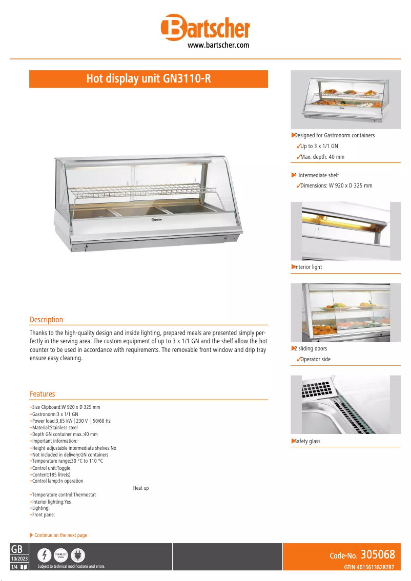 Page 1 de la notice Fiche technique Bartscher GN3110-R