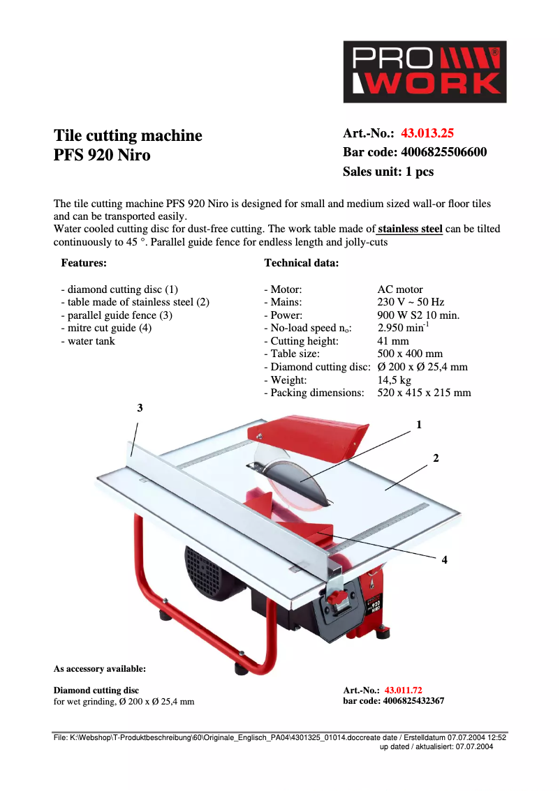Page n°1 - Fiche technique Prowork PFS 920 Niro