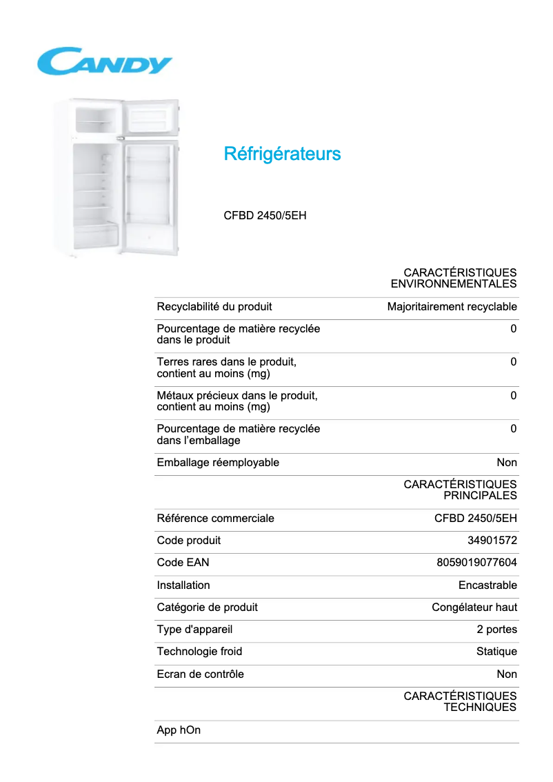 Page 1 de la notice Fiche technique Candy CFBD 2450/5EH