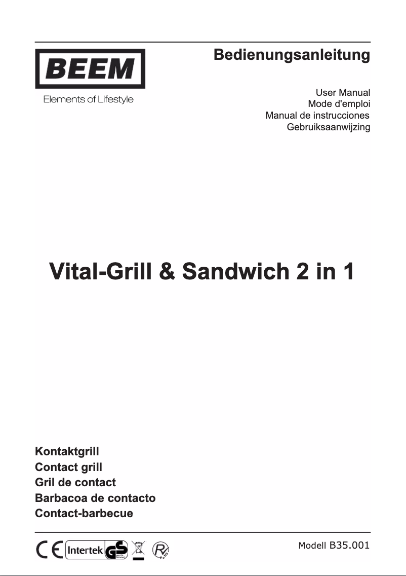 Page n°1 - Manuel utilisateur BEEM Vital-Grill & Sandwich 2 in 1