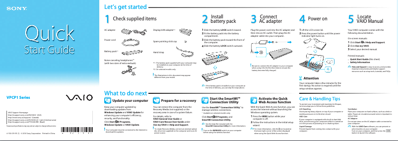 Page n°1 - Guide d'installation Sony Vaio VPCP112KX