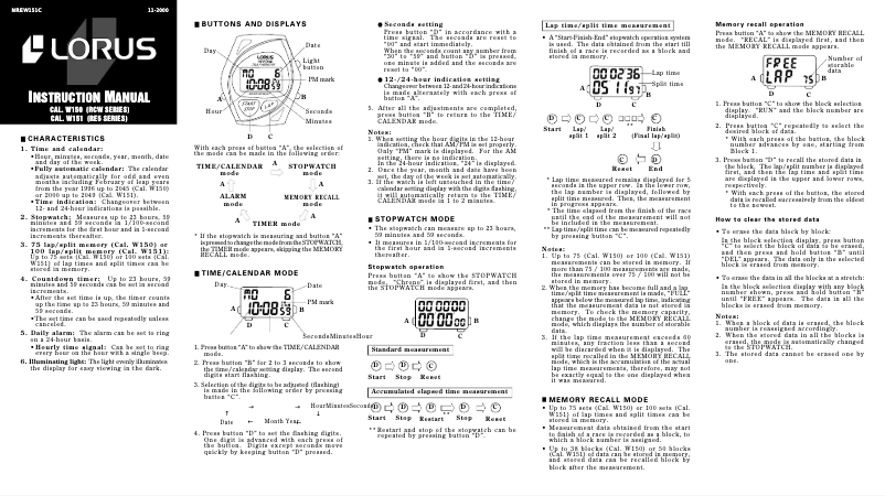 Page n°1 - Manuel utilisateur Lorus W151