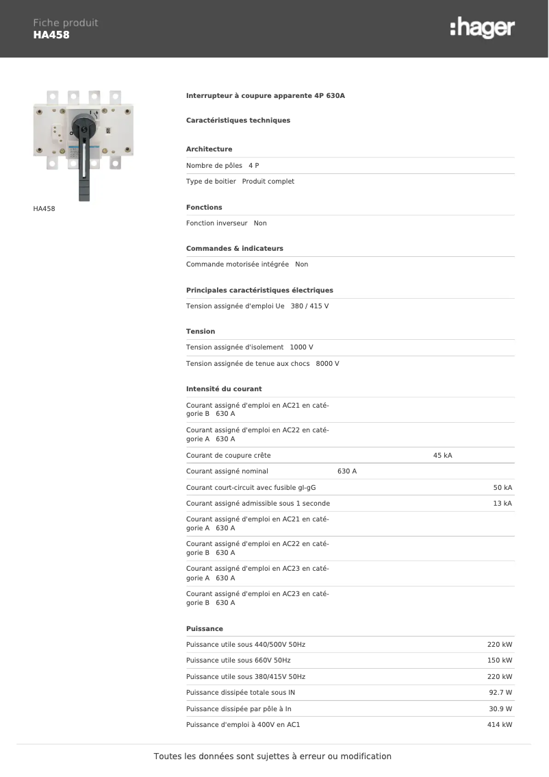 Page 1 de la notice Manuel utilisateur Hager HA458