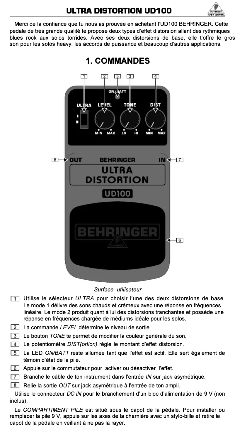 Page 1 of the manual User Manual Behringer Ultra Distortion UD100