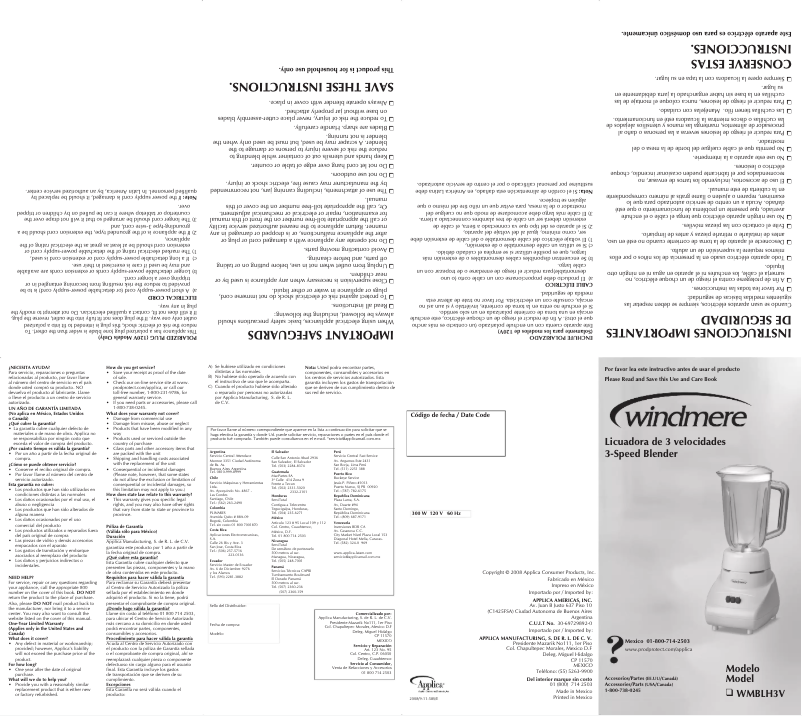 Page 1 de la notice Manuel utilisateur Windmere WMBLH3V