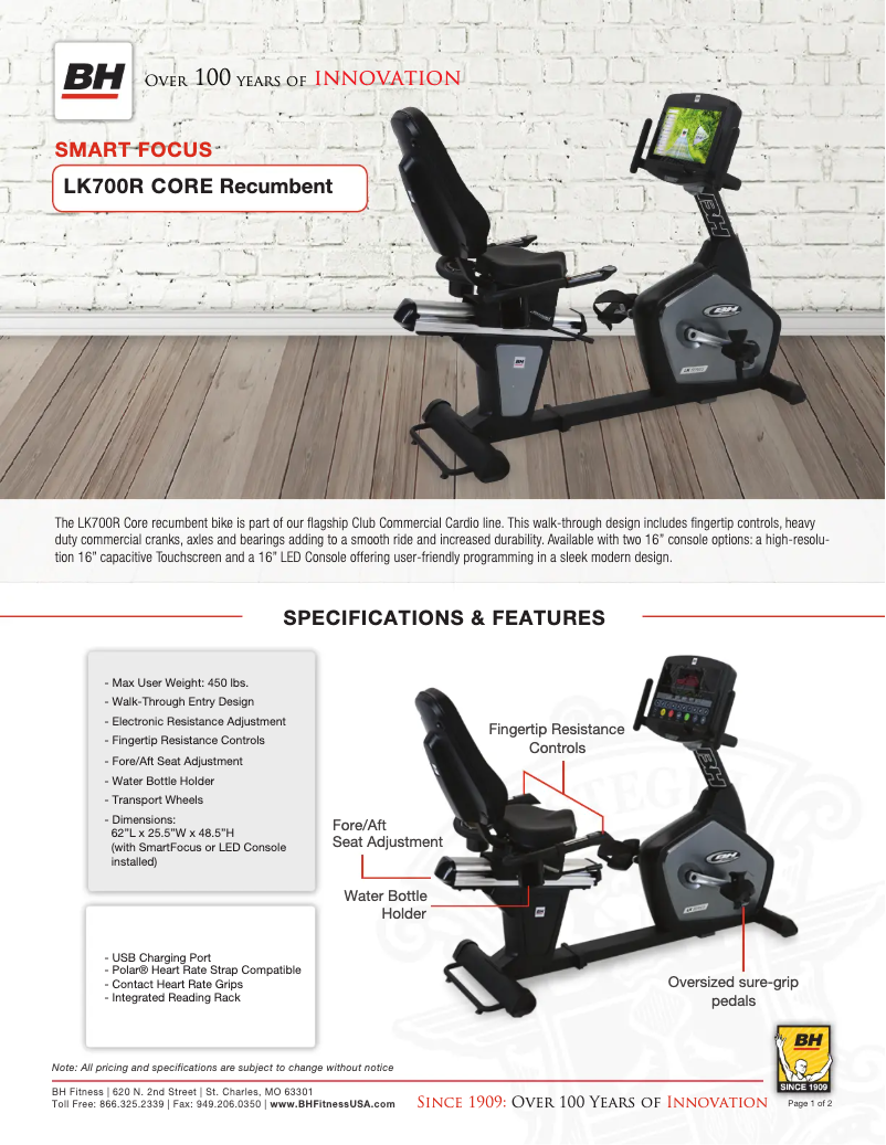 Page 1 de la notice Fiche technique BH Fitness LK700R Core