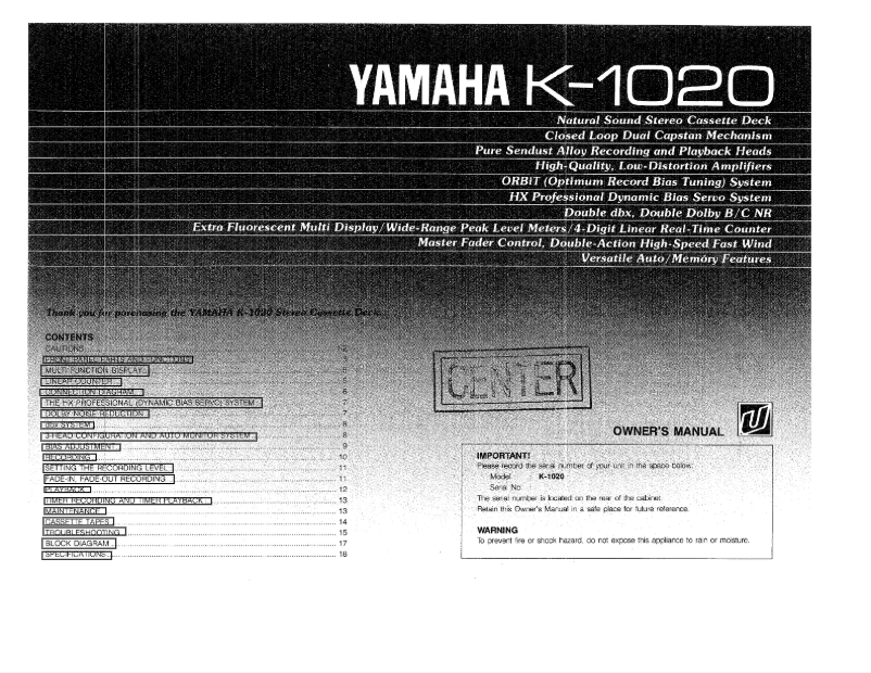 Page n°1 - Manuel utilisateur Yamaha K-1020