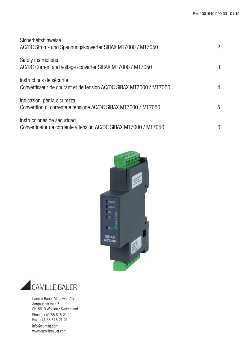 Page 1 of the manual Safety Instructions Camille Bauer SIRAX MT7050