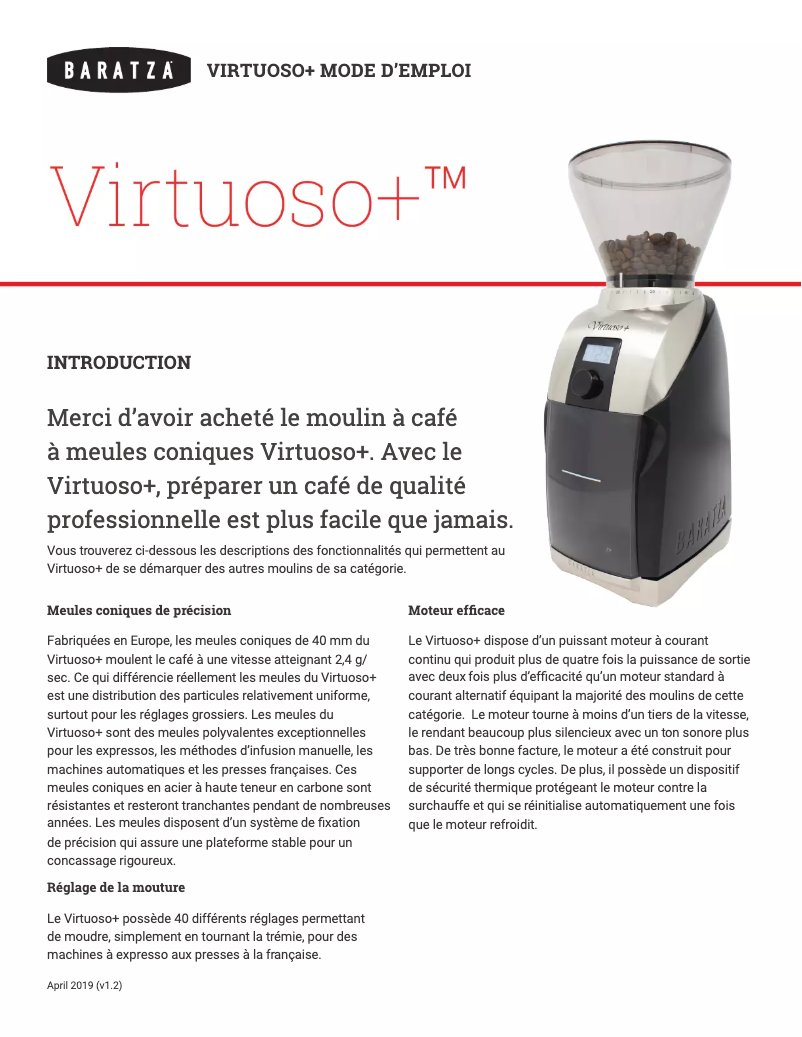 Page 1 de la notice Manuel utilisateur Baratza Virtuoso+