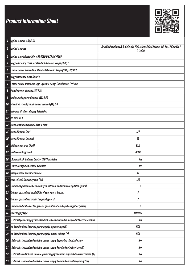 Page n°1 - Fiche technique Arçelik A55 OLED D 975 A