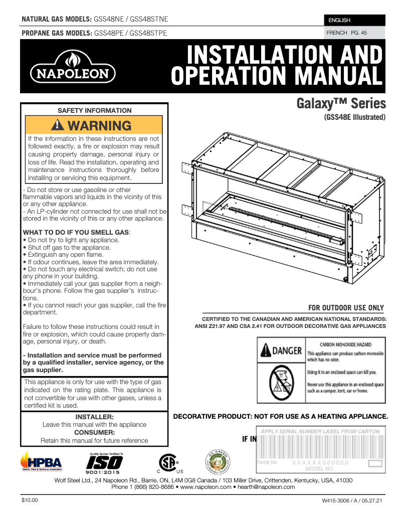 Page n°1 - Manuel utilisateur Napoleon Galaxy GSS48E