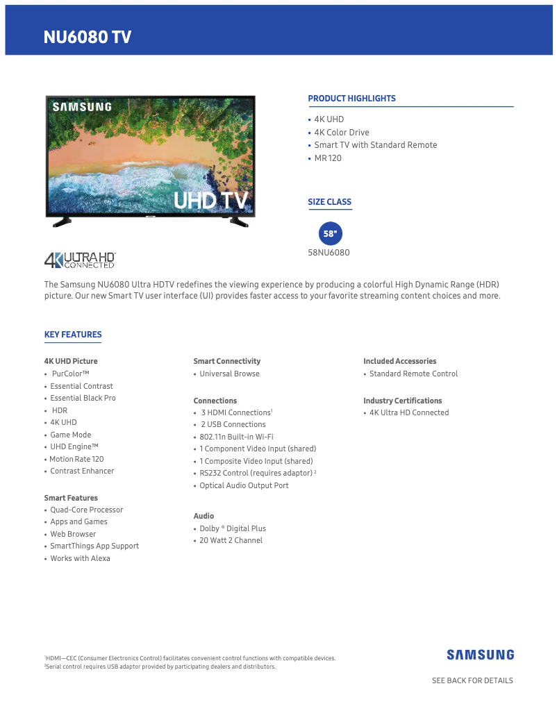 Page 1 de la notice Fiche technique Samsung UN58NU6080FXZA