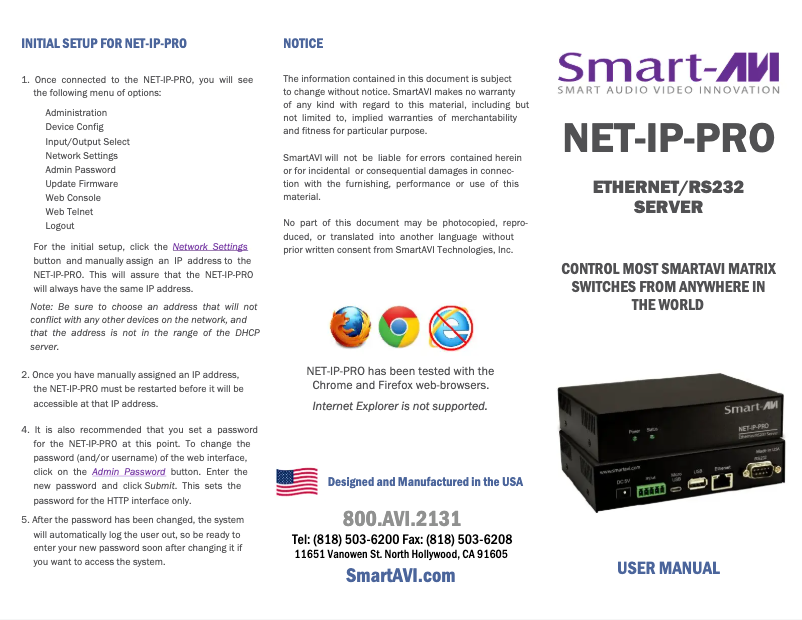 Page 1 de la notice Manuel utilisateur Smart-AVI NET-IP-PROS