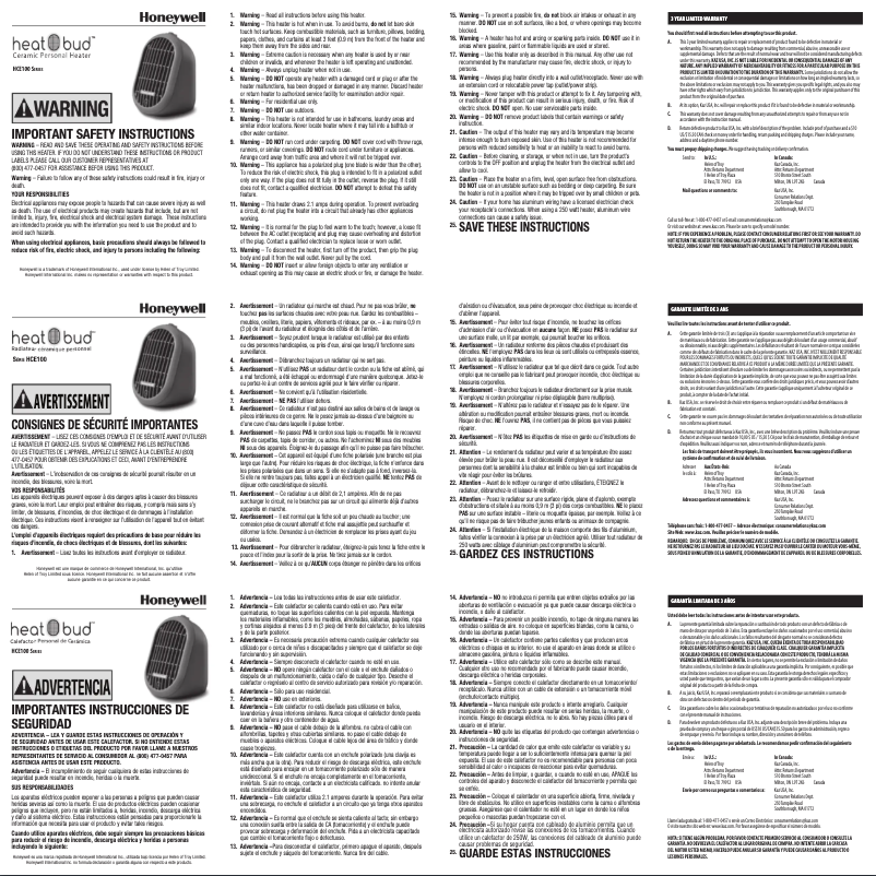 Page 1 de la notice Manuel utilisateur Honeywell Heat Bud HCE100B