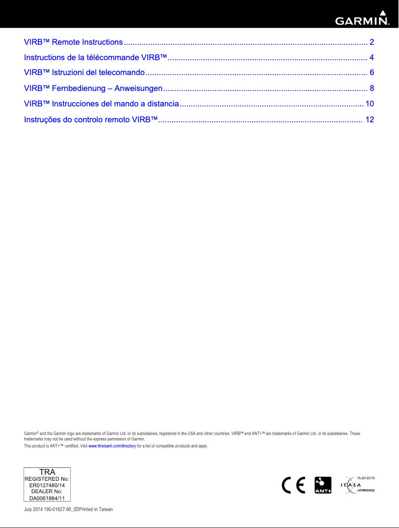 Page 1 de la notice Manuel utilisateur Garmin VIRB Remote