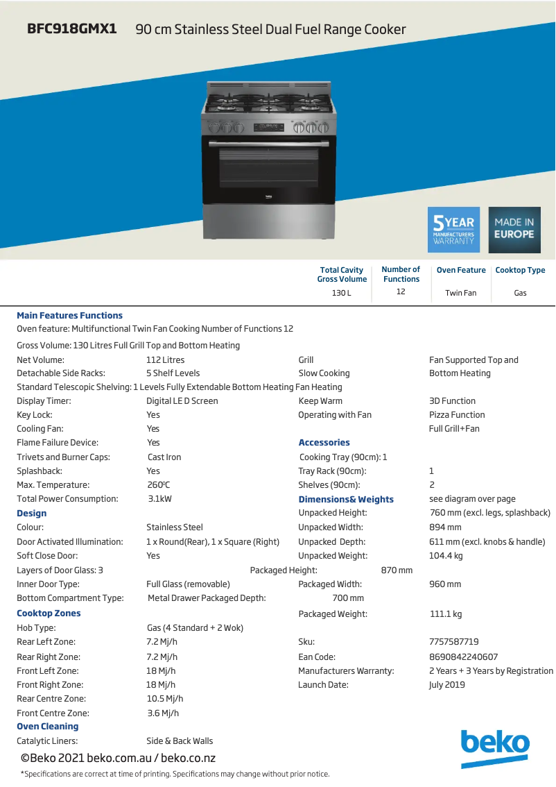 Page n°1 - Fiche technique Beko BFC918GMX1