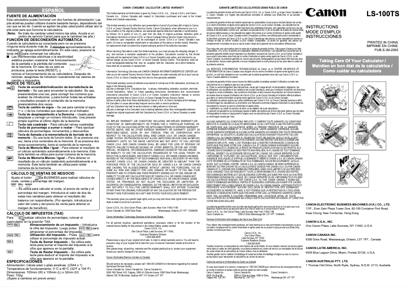 Page 1 de la notice Manuel utilisateur Canon LS-100TS