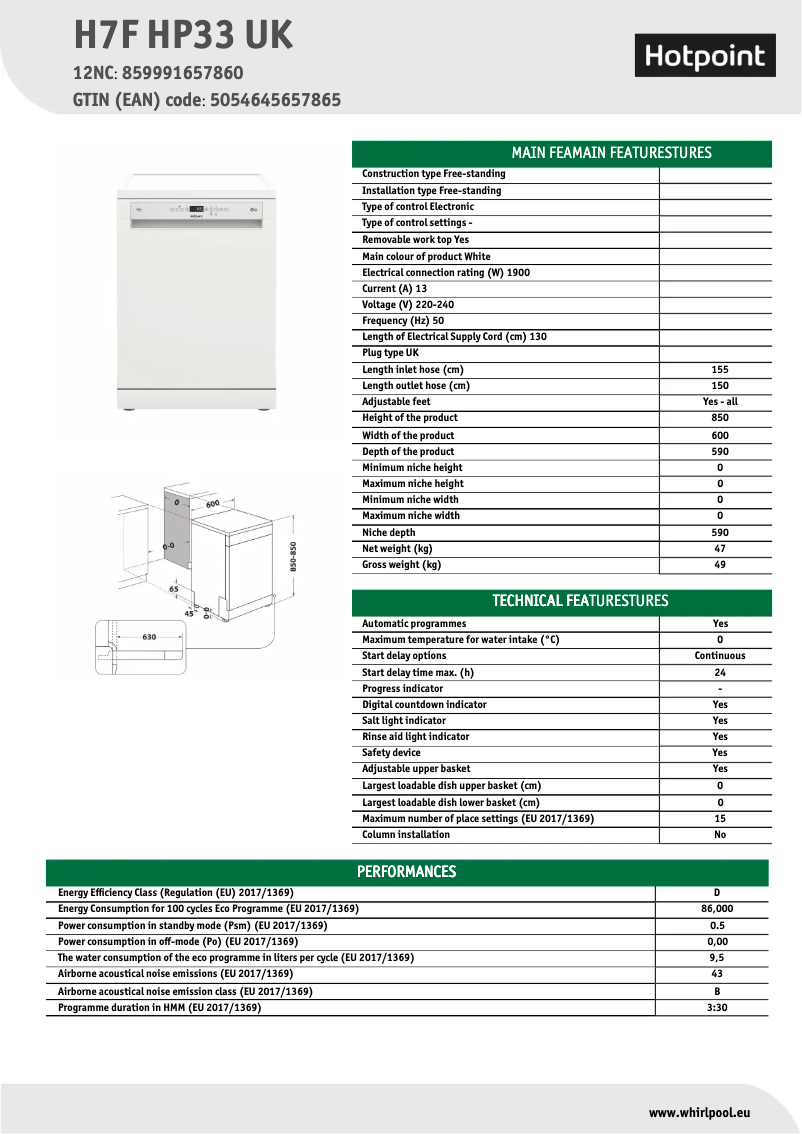 Page 1 de la notice Fiche technique Hotpoint H7F HP33 UK