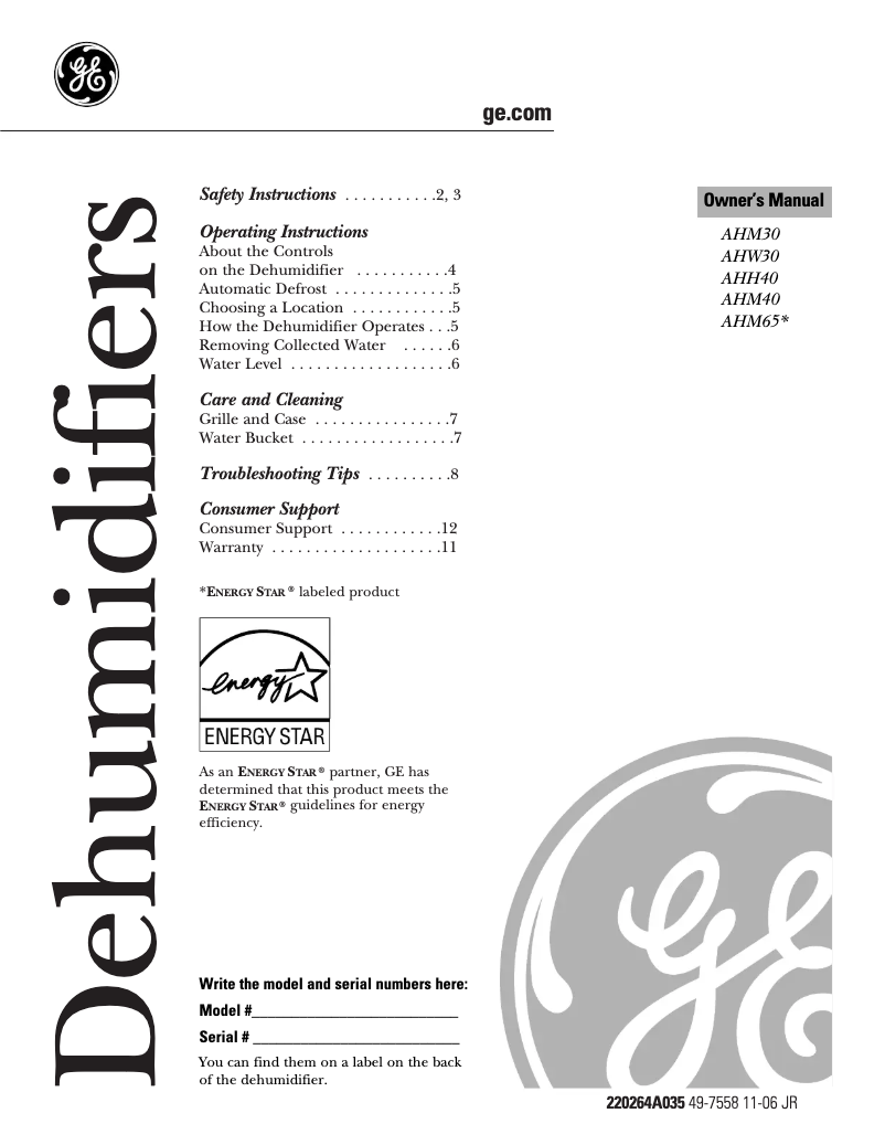 Page 1 de la notice Manuel utilisateur GE AHM30LK