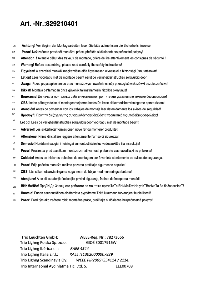 Page 1 de la notice Manuel utilisateur Trio Lighting Cayman 829210401