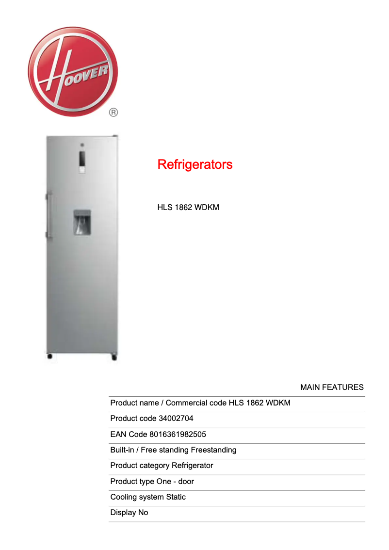 Página 1 del manual Ficha técnica Hoover HLS 1862 WDKM