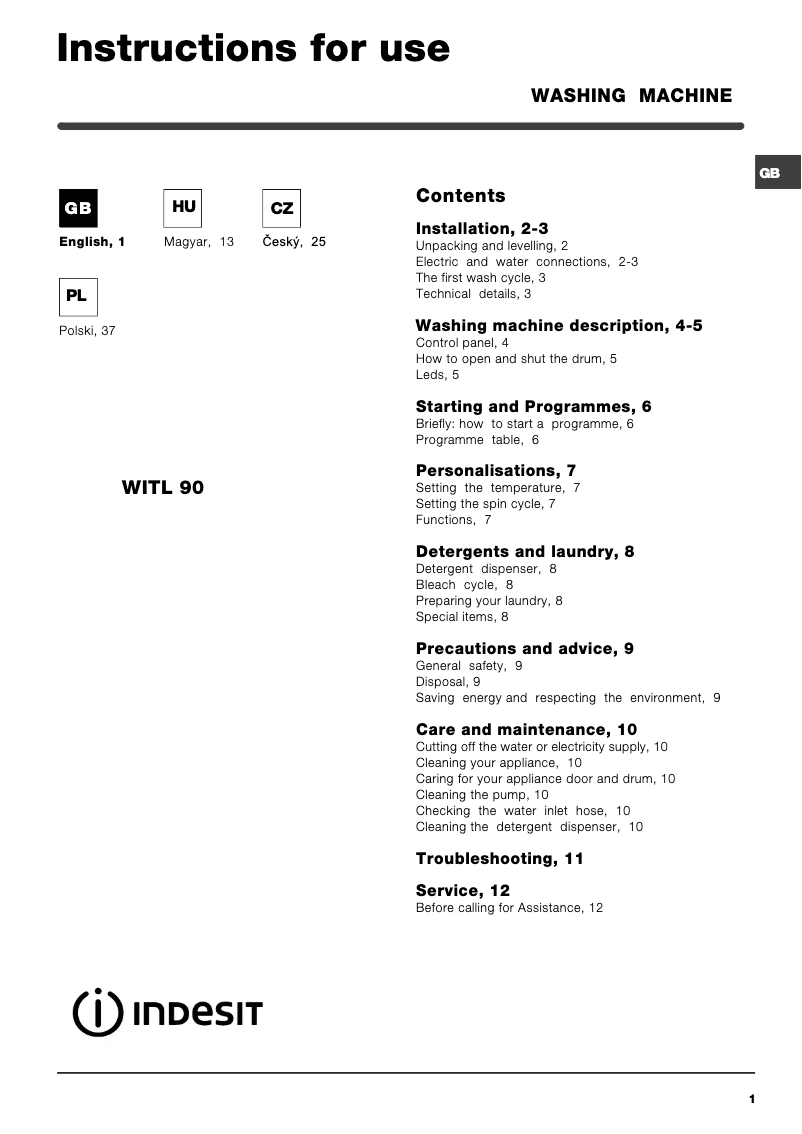 Página 1 del manual Manual de usuario Indesit WITL 90