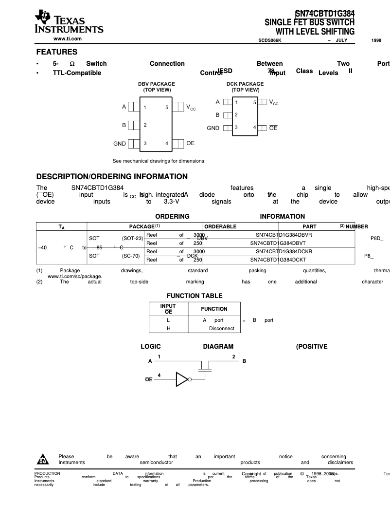 Page 1 de la notice Manuel utilisateur Texas Instruments SN74CBTD1G384DBVR