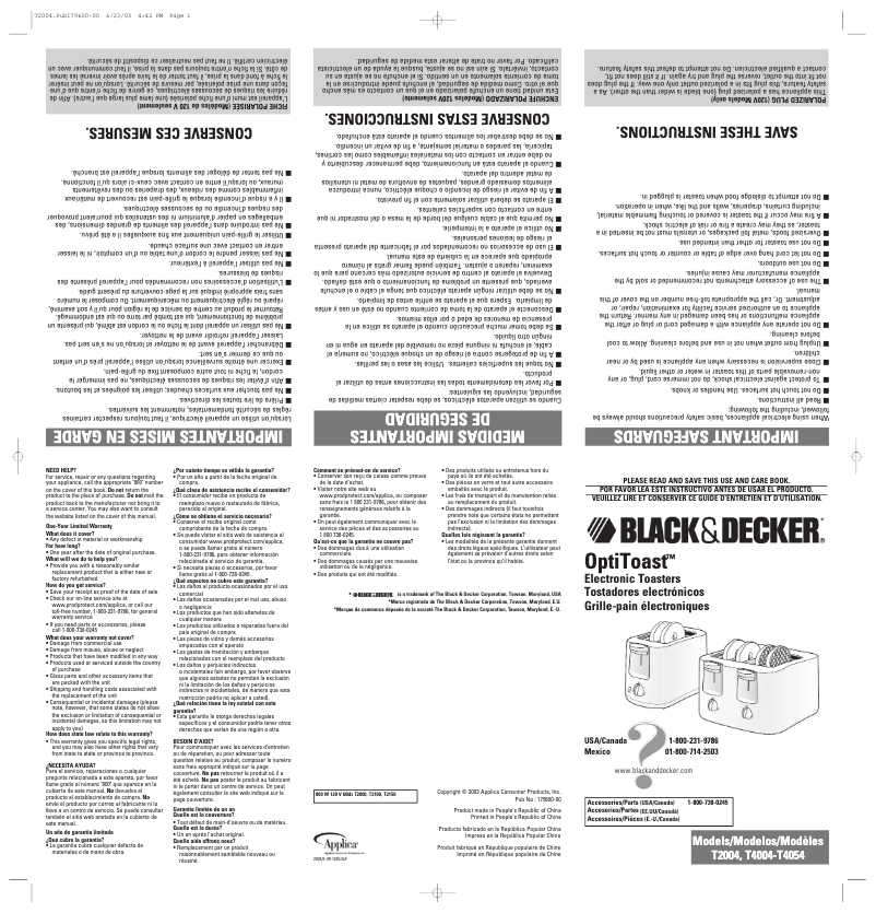 Page n°1 - Manuel utilisateur Black & Decker OptiToast T4054