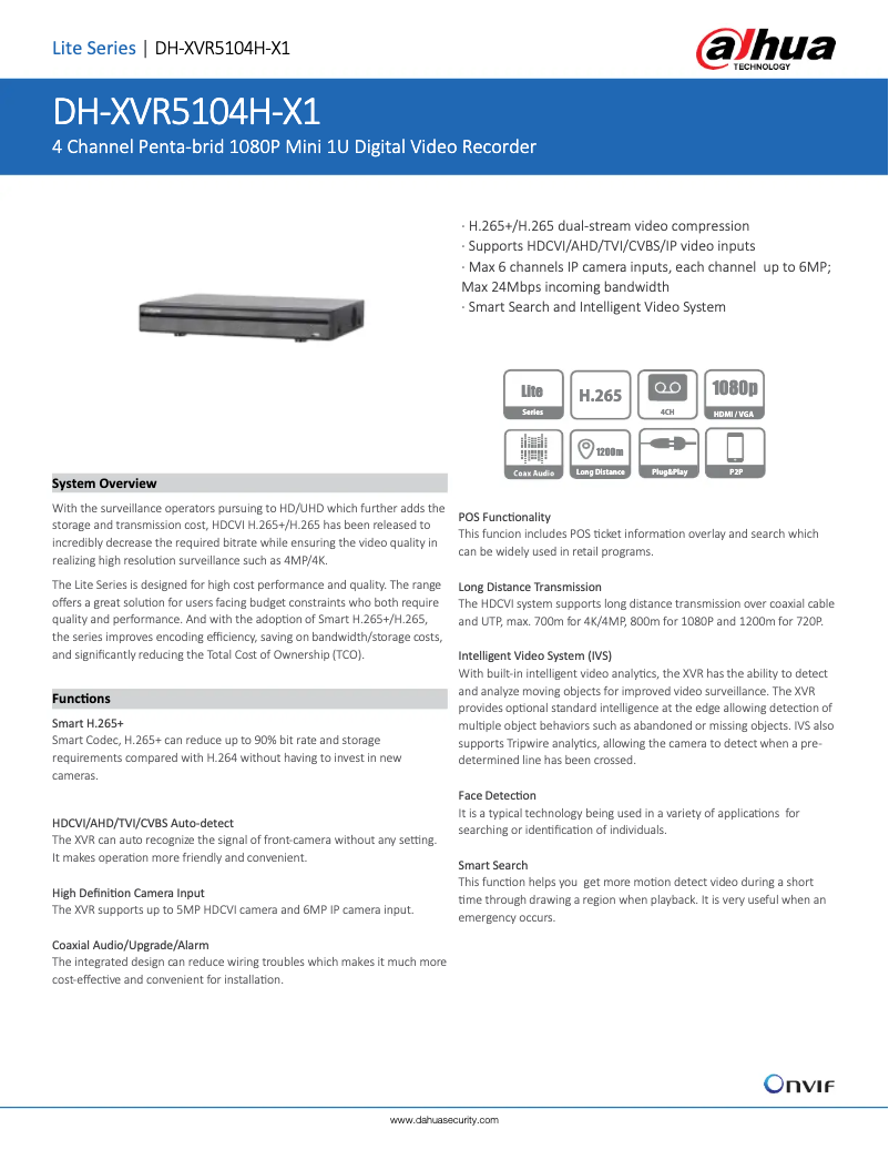 Page 1 de la notice Fiche technique Dahua Technology XVR5104H-X1