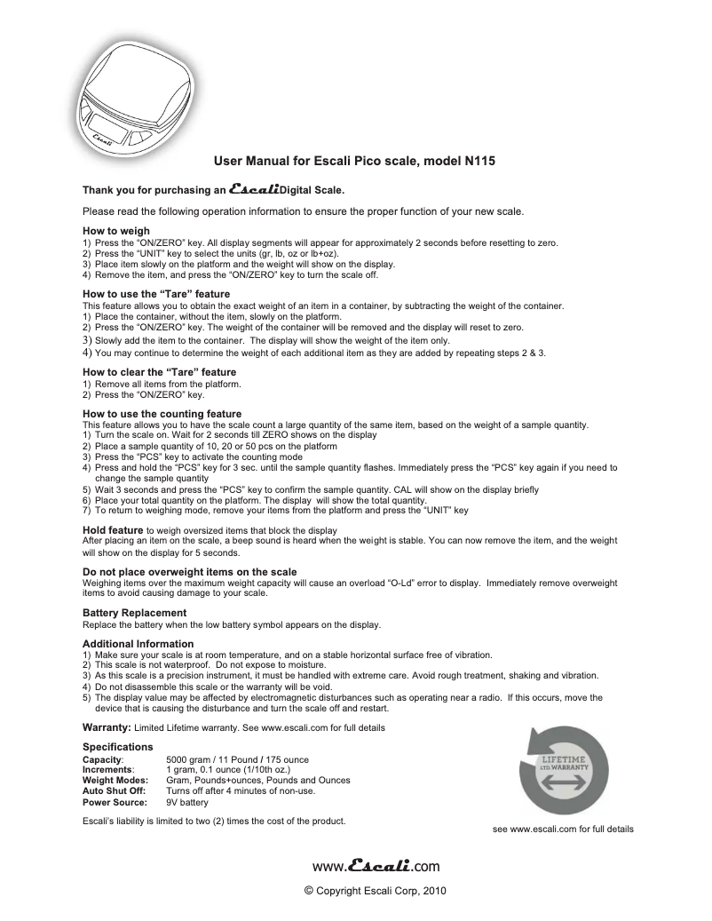 Image de la première page du manuel de l'appareil Pico N115