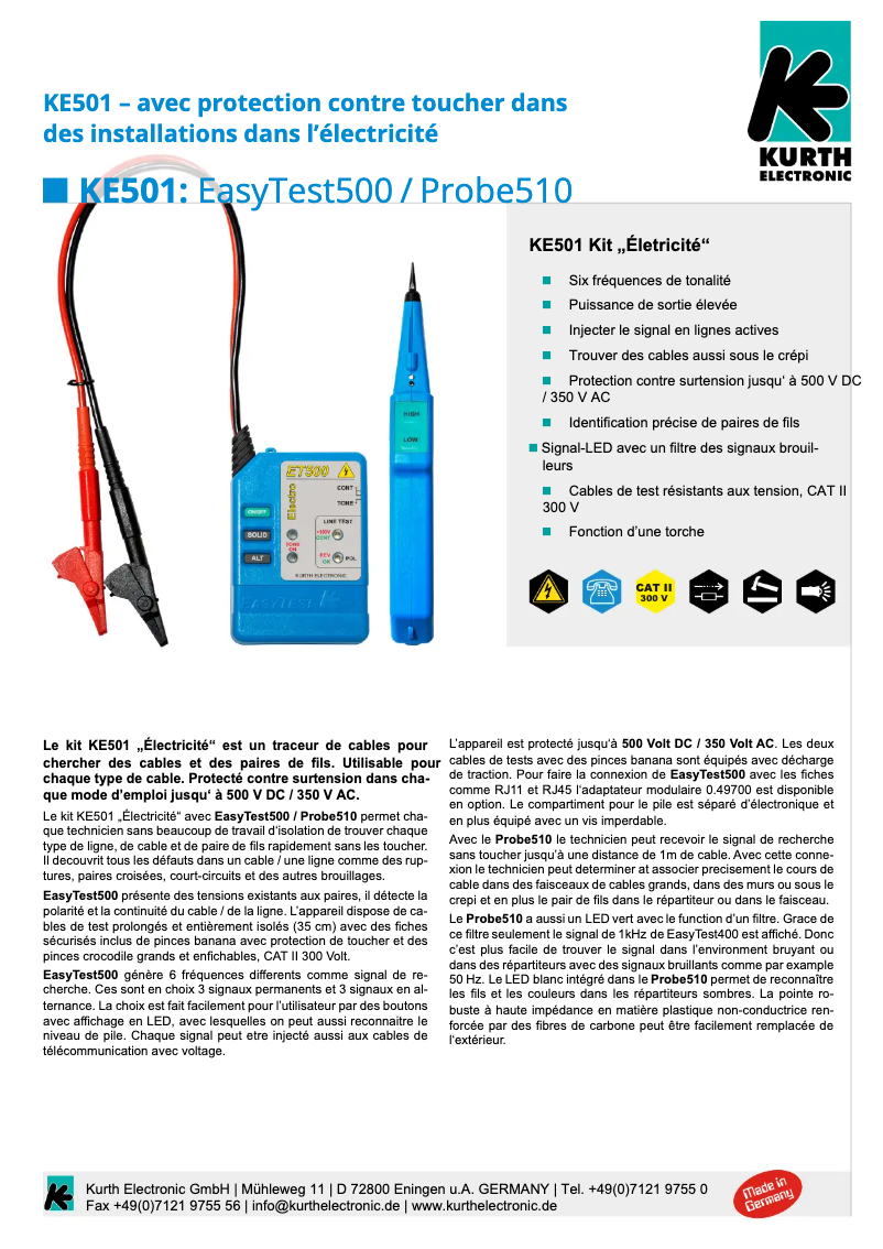 Page 1 de la notice Fiche technique Kurth Electronic KE501