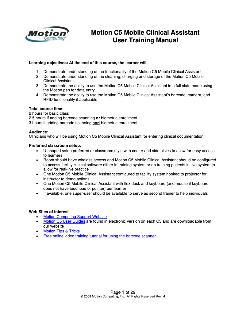 Page n°1 - Manuel utilisateur Motion C5