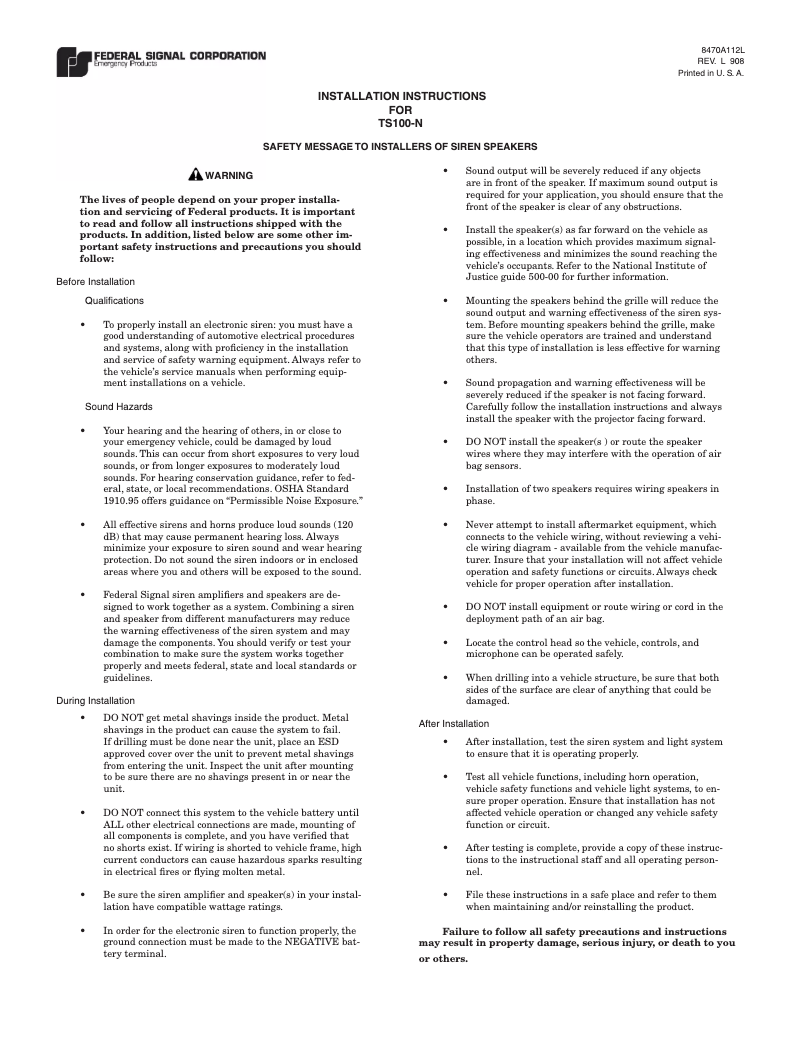 Página 1 del manual Manual de usuario Federal Signal TS100-N