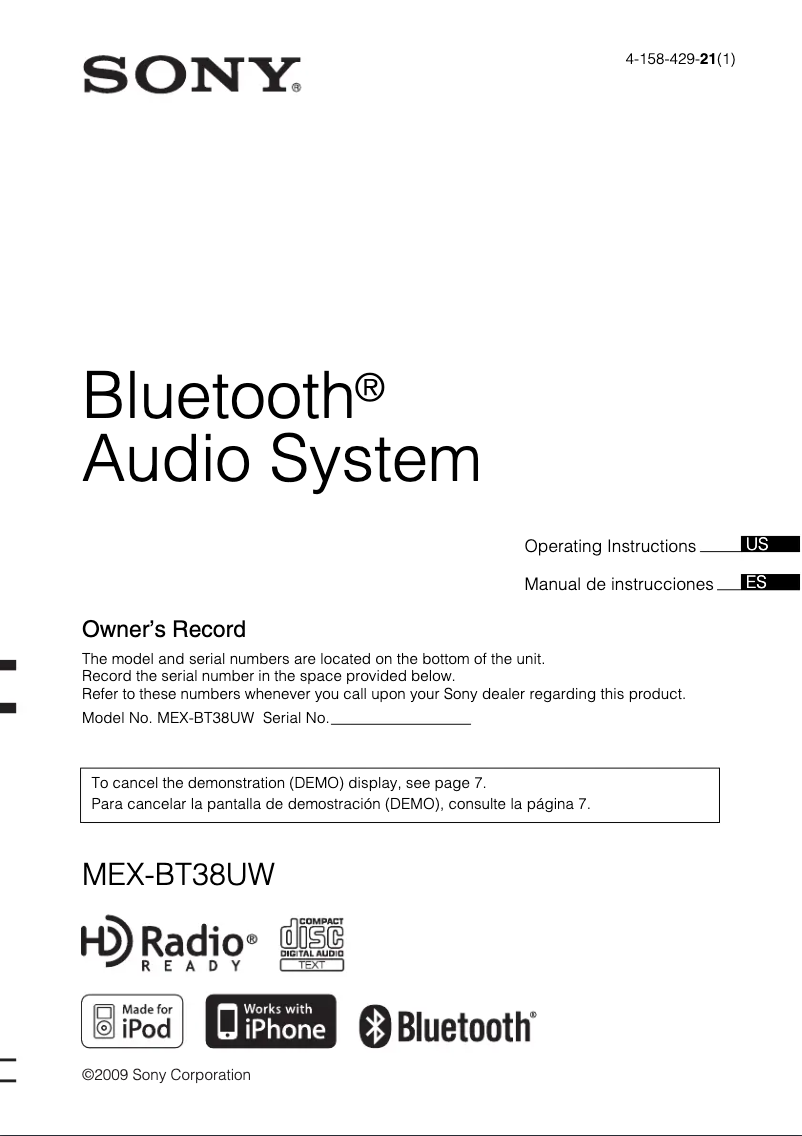 Page 1 de la notice Manuel utilisateur Sony MEX-BT38UW