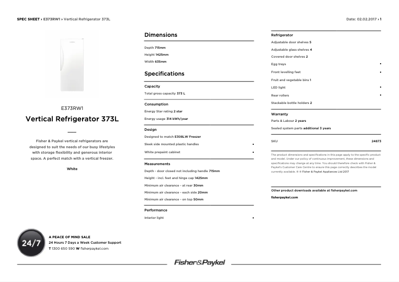 Page n°1 - Fiche technique Fisher & Paykel E373RW1