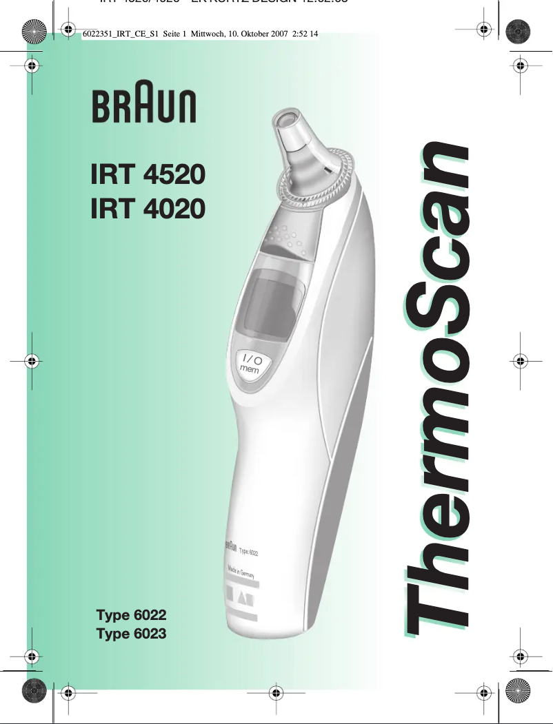 Page 1 de la notice Manuel utilisateur Braun Thermoscan 6022