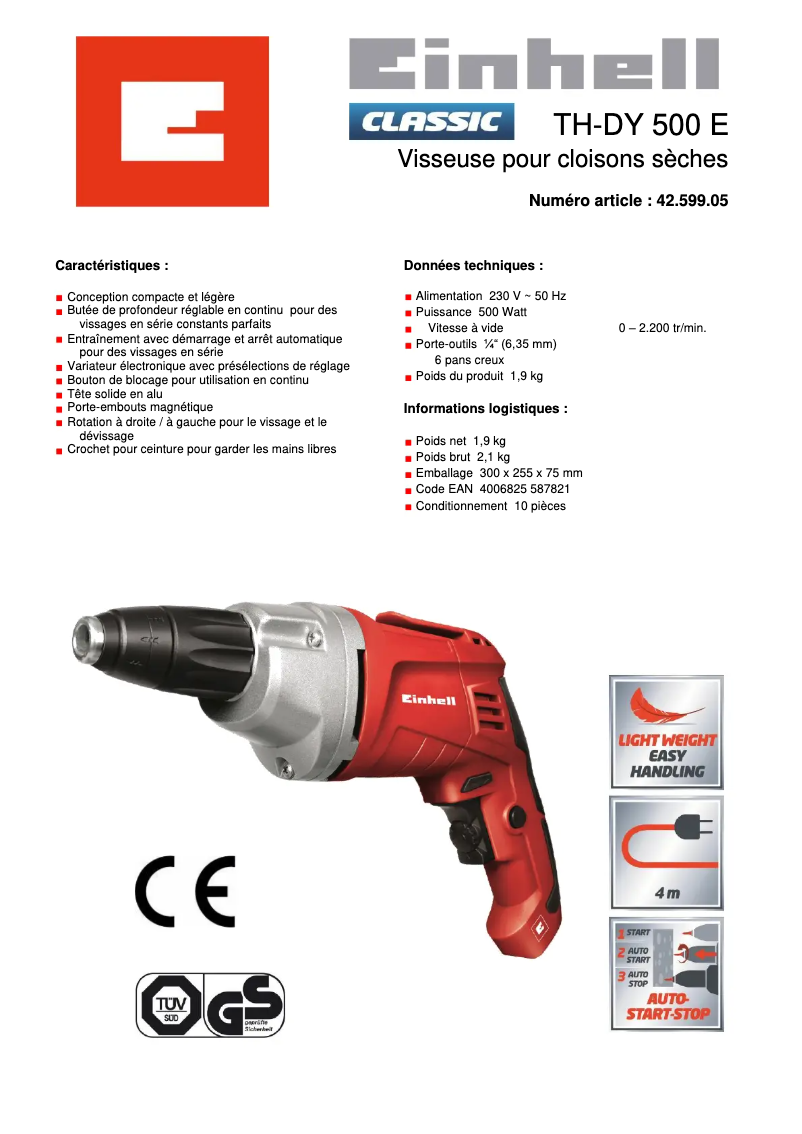 Page 1 de la notice Fiche technique Einhell TH-DY 500 E