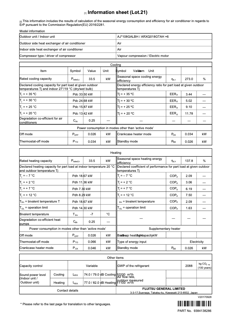 Page 1 de la notice Fiche technique Fujitsu Airstage AJH108GALBH
