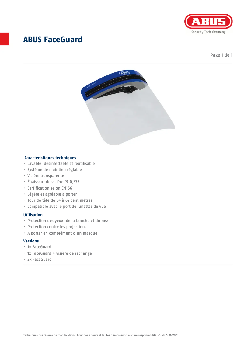 Page n°1 - Fiche technique Abus FaceGuard