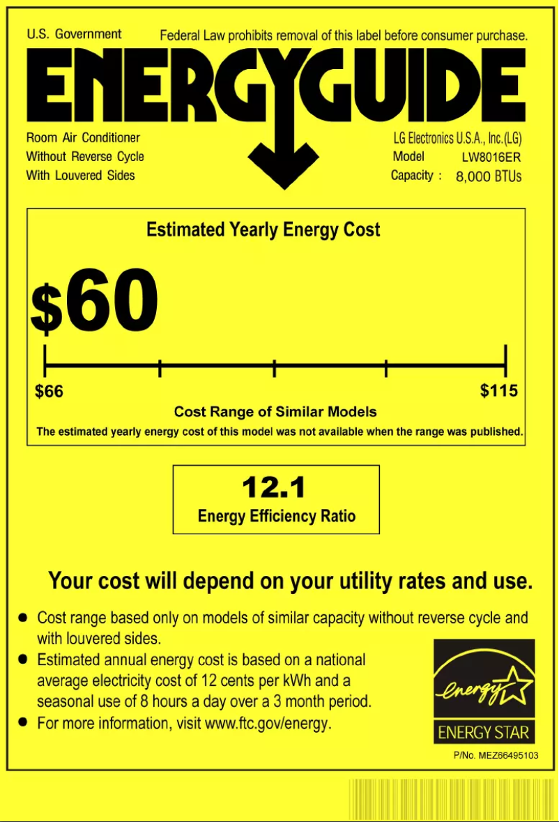 Page 1 de la notice Label énergétique LG LW8016ER